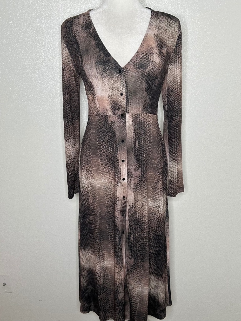 ZARA Womens Brown Snakeskin Print V-Neck Long Sleeve Button-Up Maxi Dress Size S